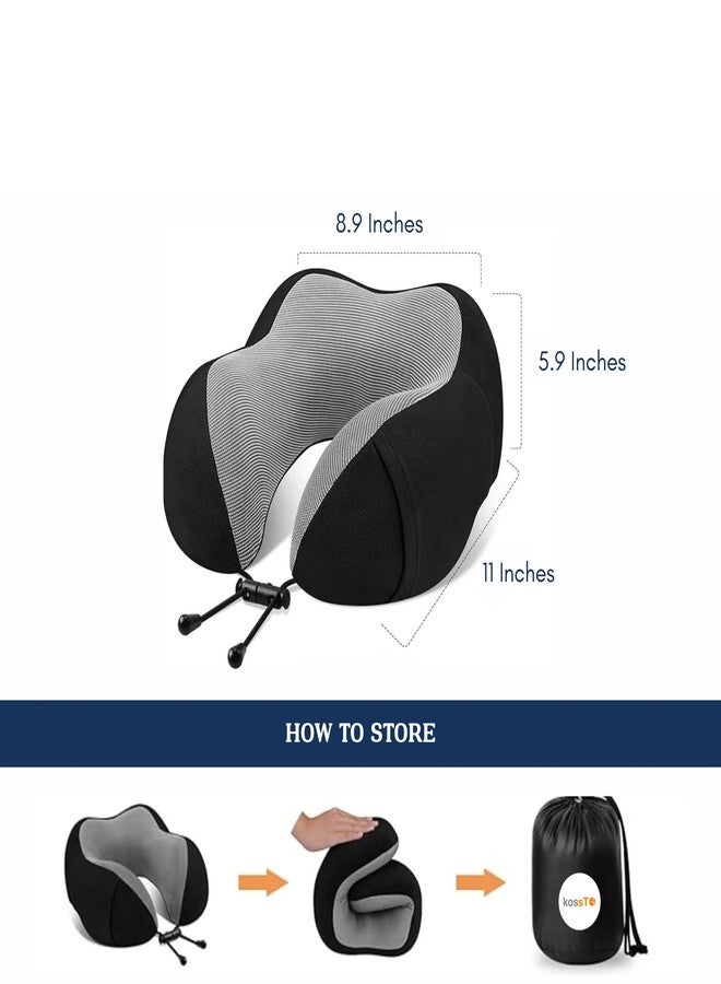 kossto Memory Foam Travel Pillow for Neck Pain Relief, Includes Eye Mask & Noise Isolating Ear Plugs, Portable Combo for Men & Women, Ideal for Long Flights & Road Trips | Velvet Black - Image 3